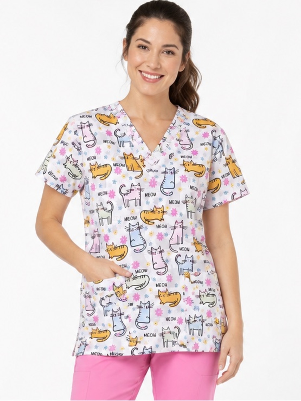 Cassandra O Colourful Cat Meow Print V-Neck Scrub Top Medium Nurse Vet Tech